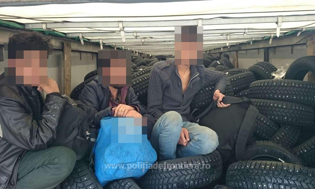 (FOTOGALERIE) INCREDIBIL. Migranți ascunși printre pneuri, descoperiți în Satu Mare