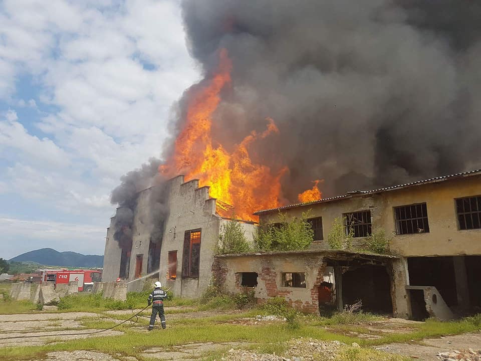 FOTOGALERIE. Incendiu de proporții la o fostă fabrică de cherestea din Satu Mare