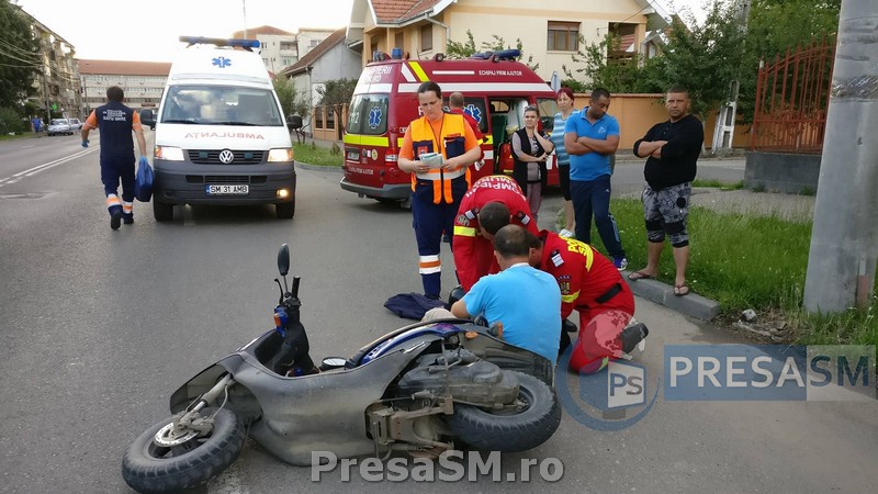 FOTO&VIDEO. Accident ciudat în municipiul Satu Mare. Scuterist la Urgențe