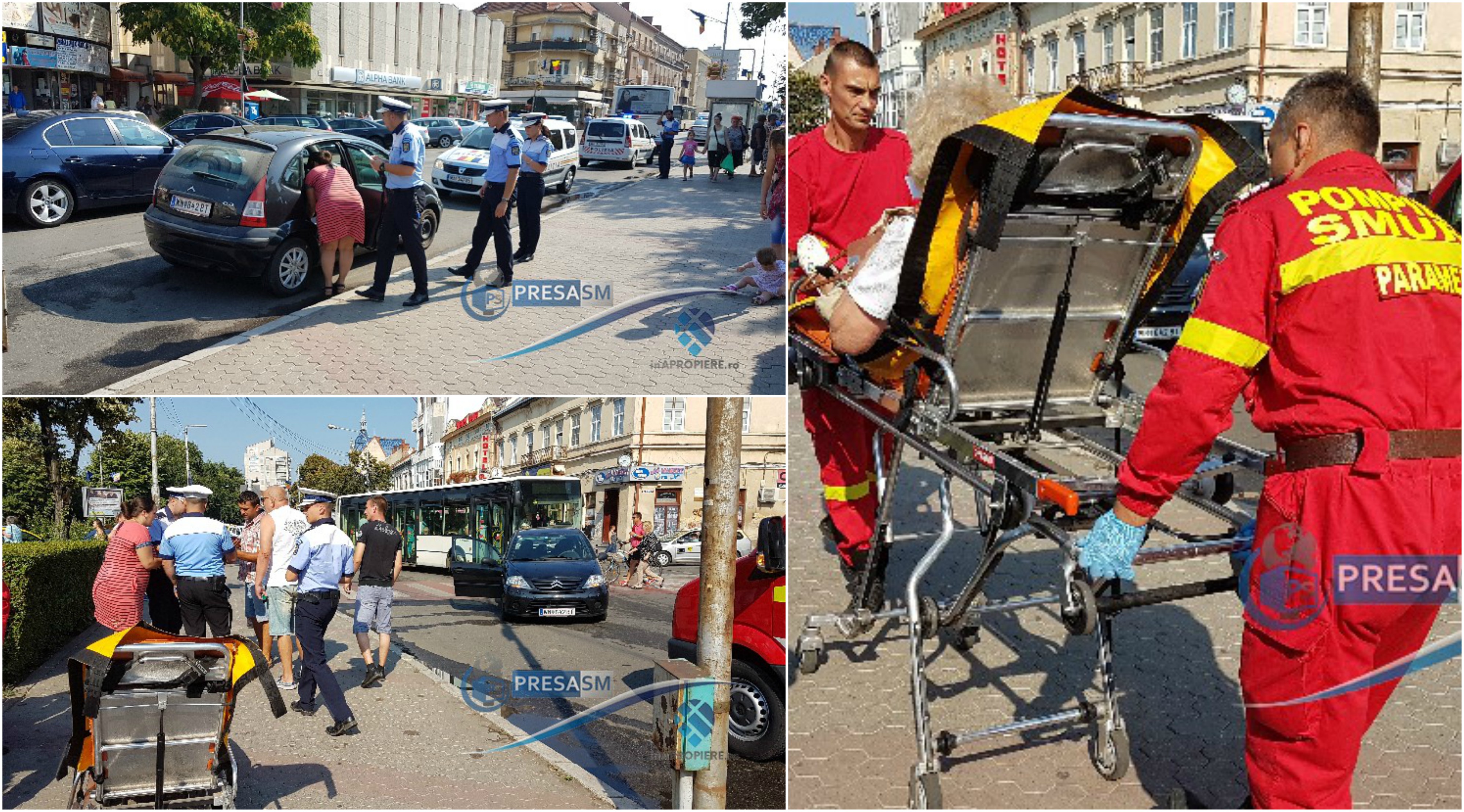 FOTO&VIDEO. Accident grav în centrul Sătmarului. Pieton lovit pe trecere de o mașină, la Casa de Modă