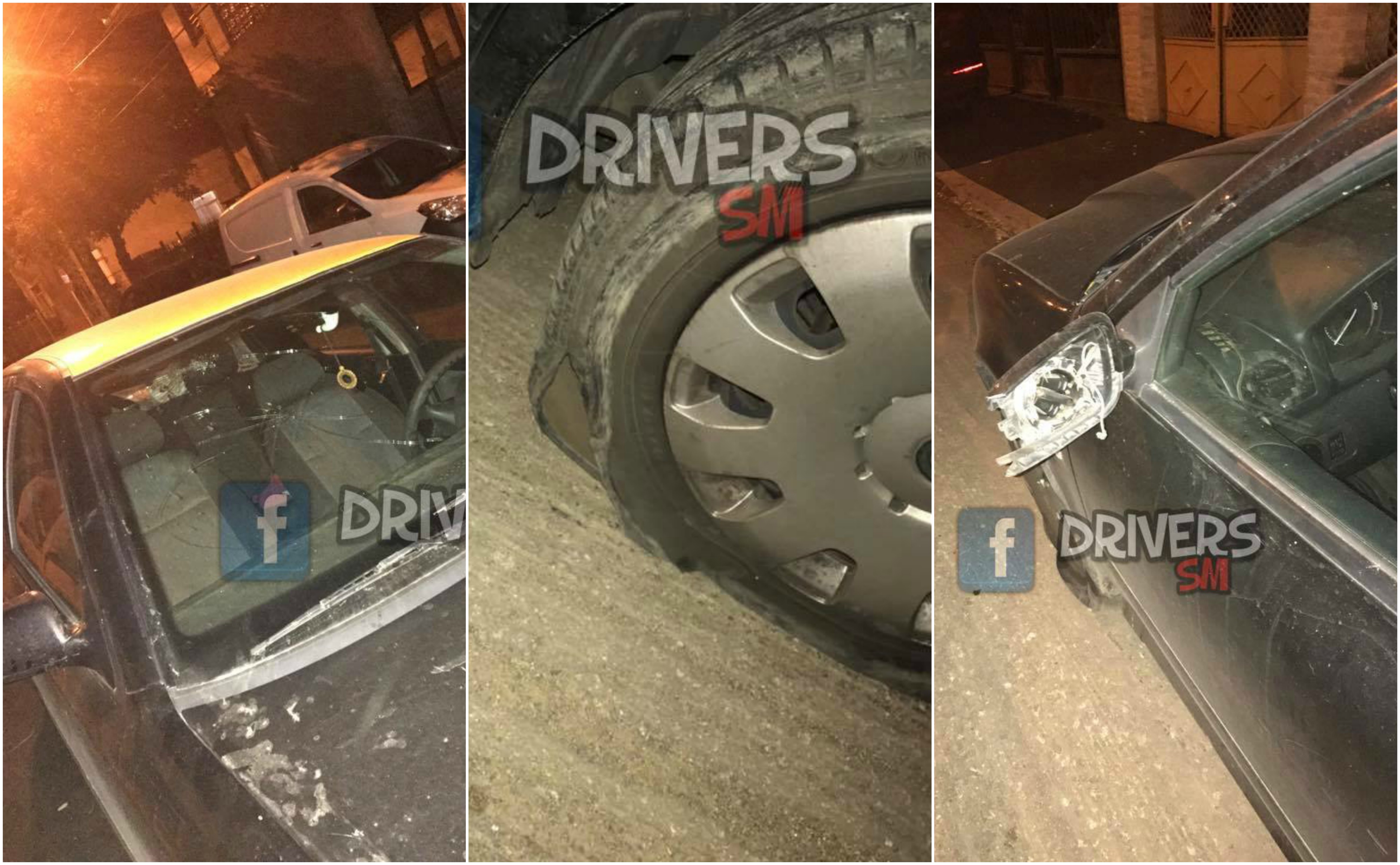 FOTOGALERIE. Taximetru al unui sătmărean, vandalizat. Cauciucuri tăiate, parbriz spart