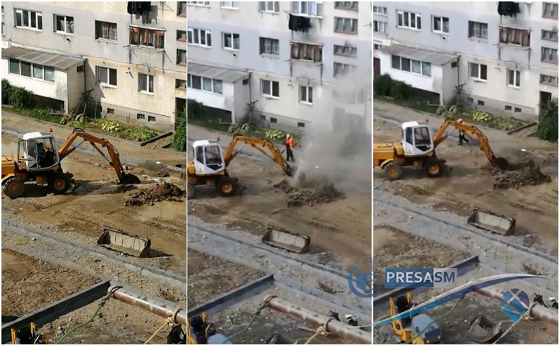 FOTO&VIDEO. ”Dorel” a spart o țeavă de apă cu excavatorul în Satu Mare. ”Fântână” arteziană