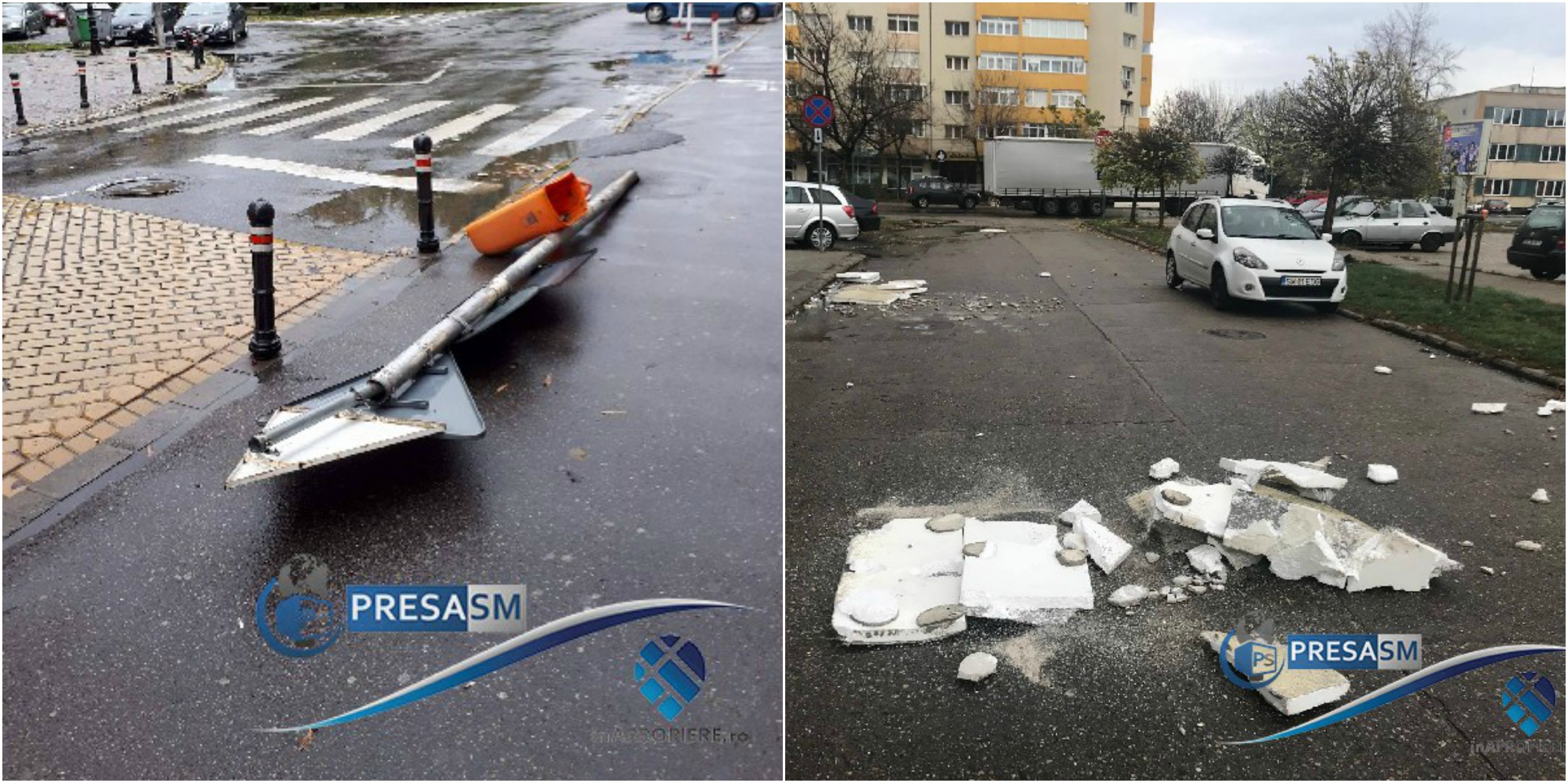 FOTOGALERIE. Vântul puternic a smuls izolația de pe blocuri și indicatoare rutiere în Satu Mare