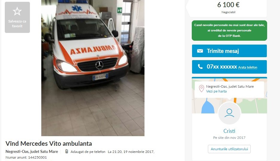 FOTO. Ambulanțe și echipamente pentru asistenți, scoase la vânzare pe OLX!