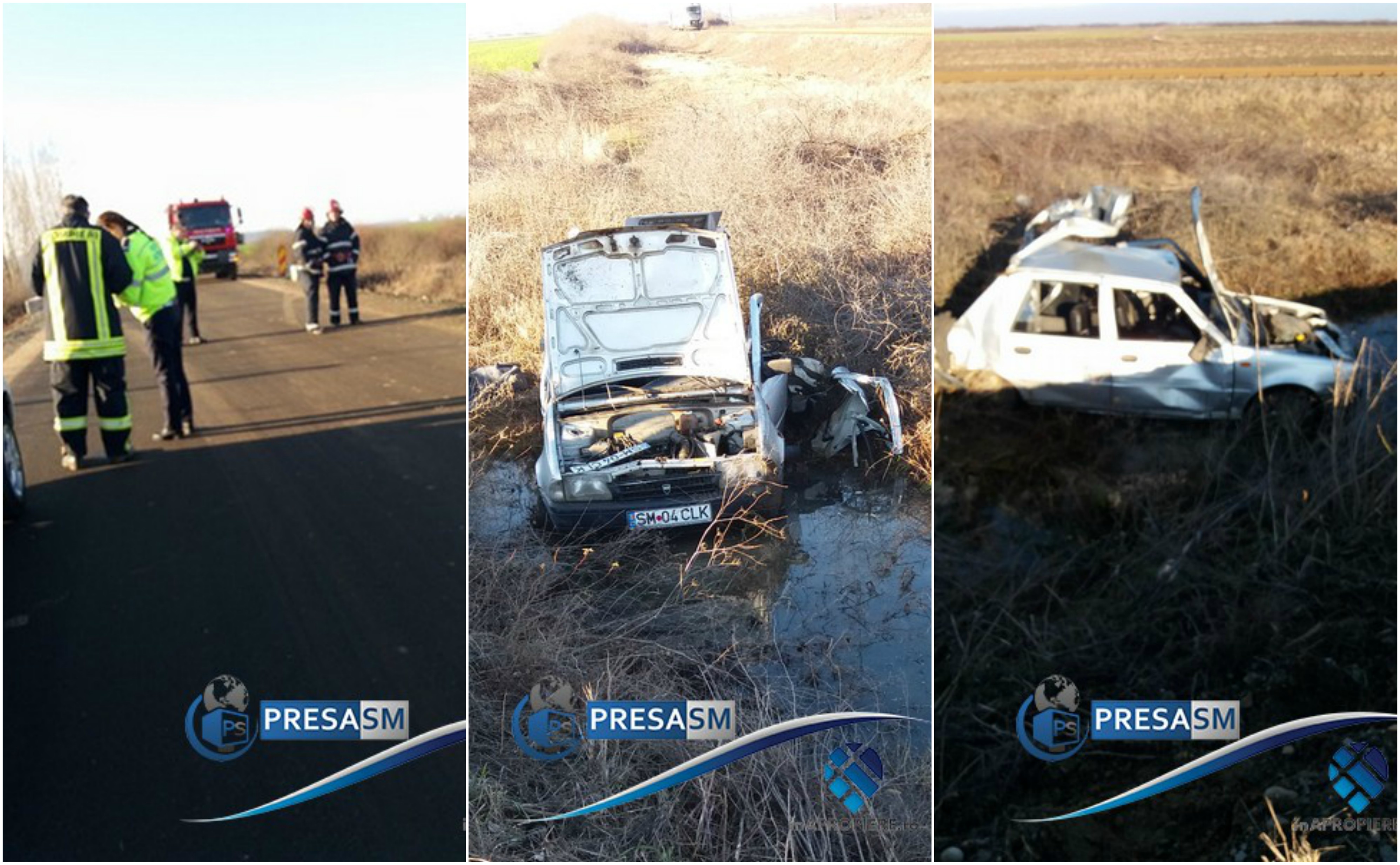 FOTO/VIDEO. Accident extrem de grav la Tășnad! Mașină lovită de un tren, șoferul aruncat din autovehicul