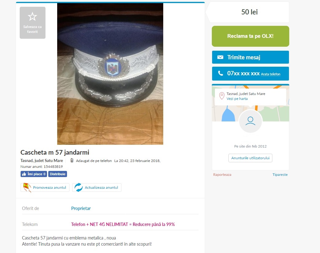 FOTO. ILEGAL. Uniforme de jandarmi, vândute pe OLX, de un tășnădean
