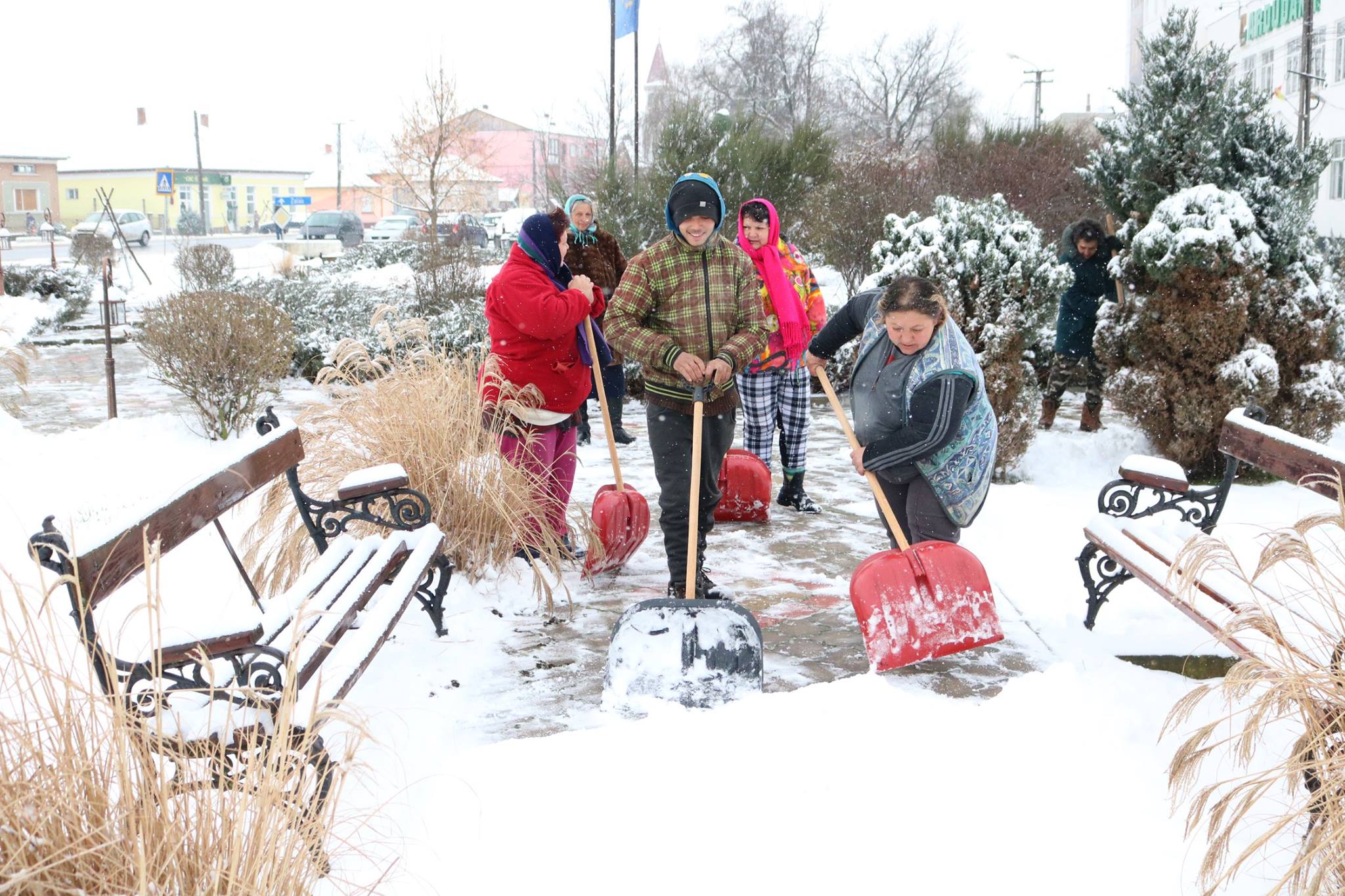 FOTOGALERIE. Orașul în care cetățenii au ieșit să deszăpezească drumurile