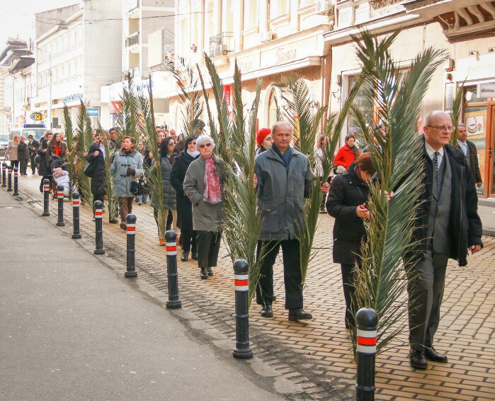 FOTOGALERIE. Sute de persoane au defilat, cu frunze de palmieri, în centrul Sătmarului