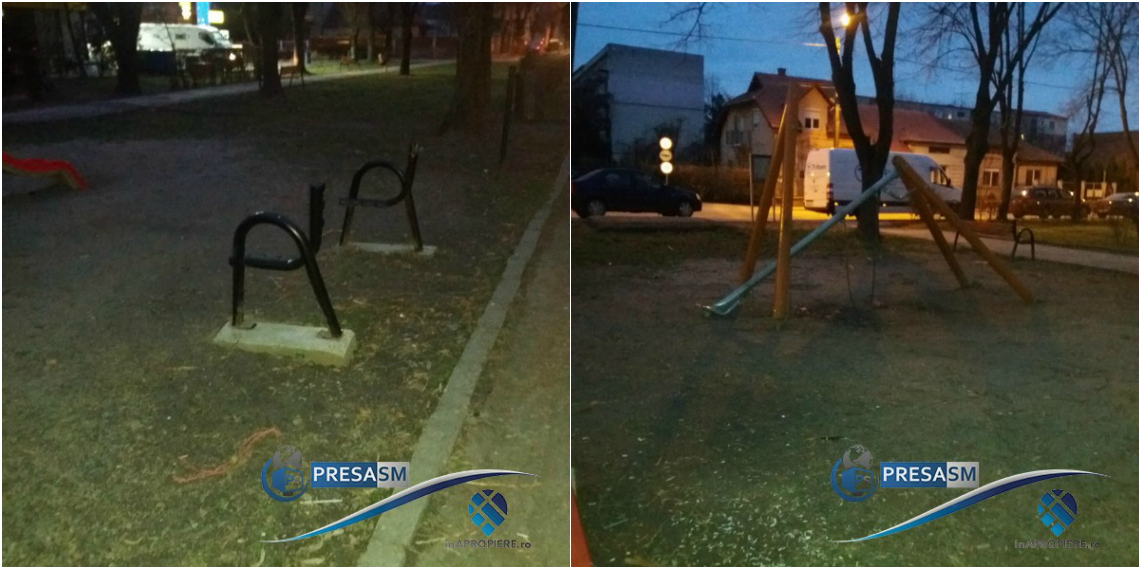 FOTOGALERIE. Parc vandalizat în municipiul Satu Mare. Bănci și leagăne distruse