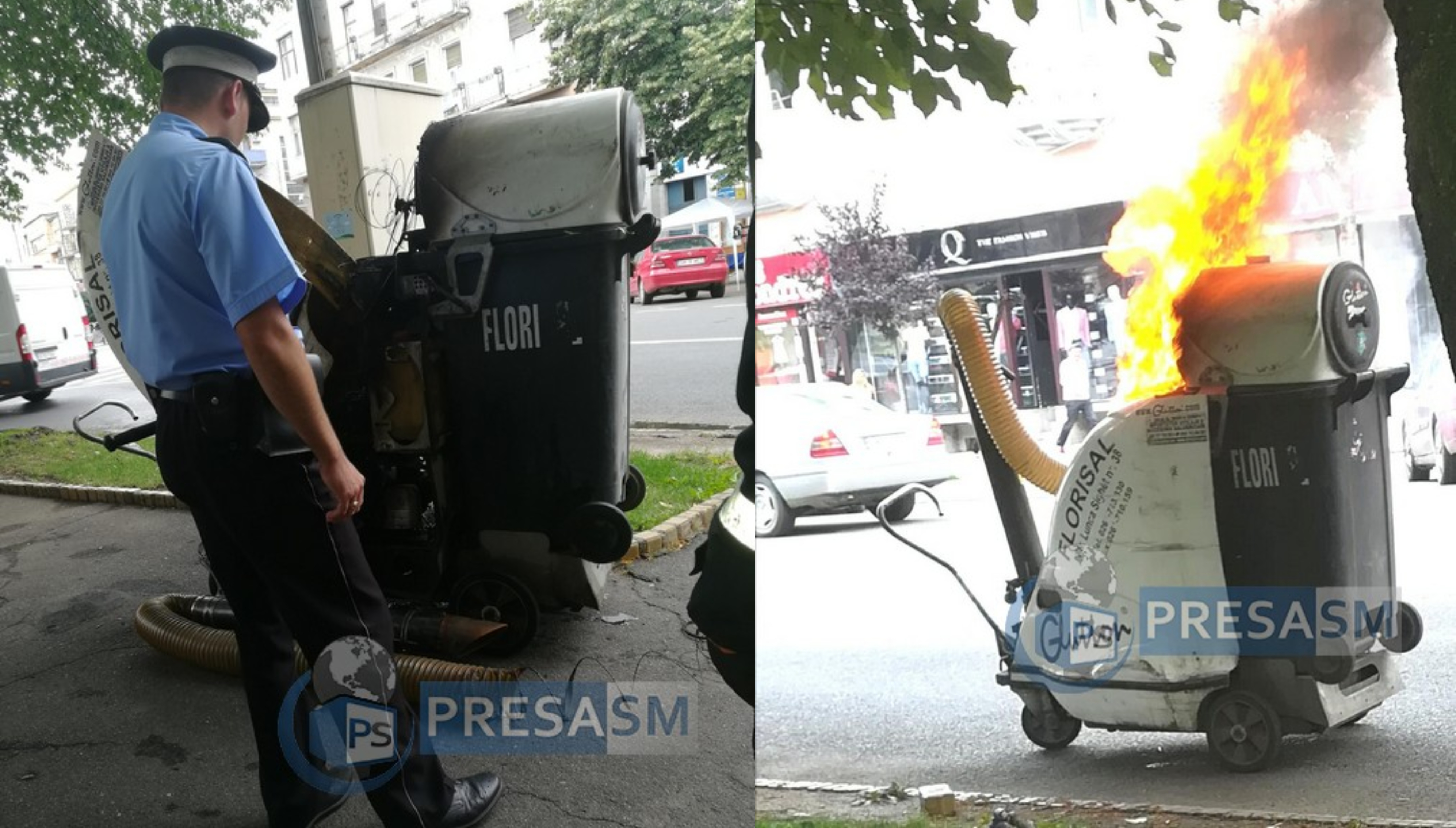 FOTO/VIDEO. Incendiu în centrul Sătmarului. Utilaj în flăcări pe șosea