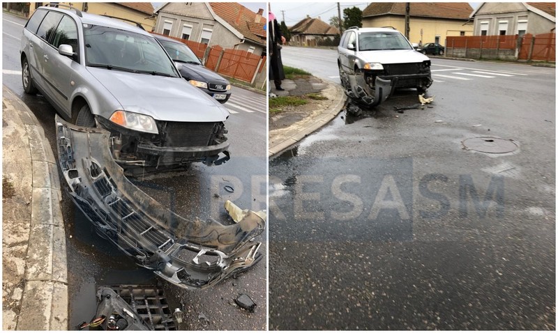 FOTOGALERIE. Accident rutier cu scandal. Un camion a agățat o mașină, șoferii au ajuns la Poliție