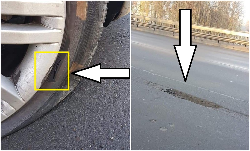 FOTO. Cratere pe Podul Decebal, recent reabilitat! O mașină a făcut pană