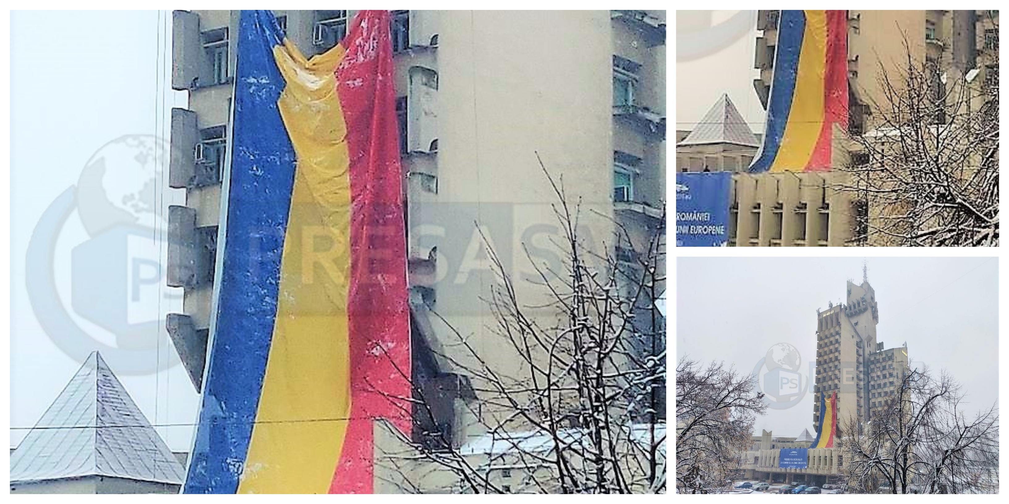 FOTO/VIDEO. Tricolorul imens, montat pe Palatul Administrativ
