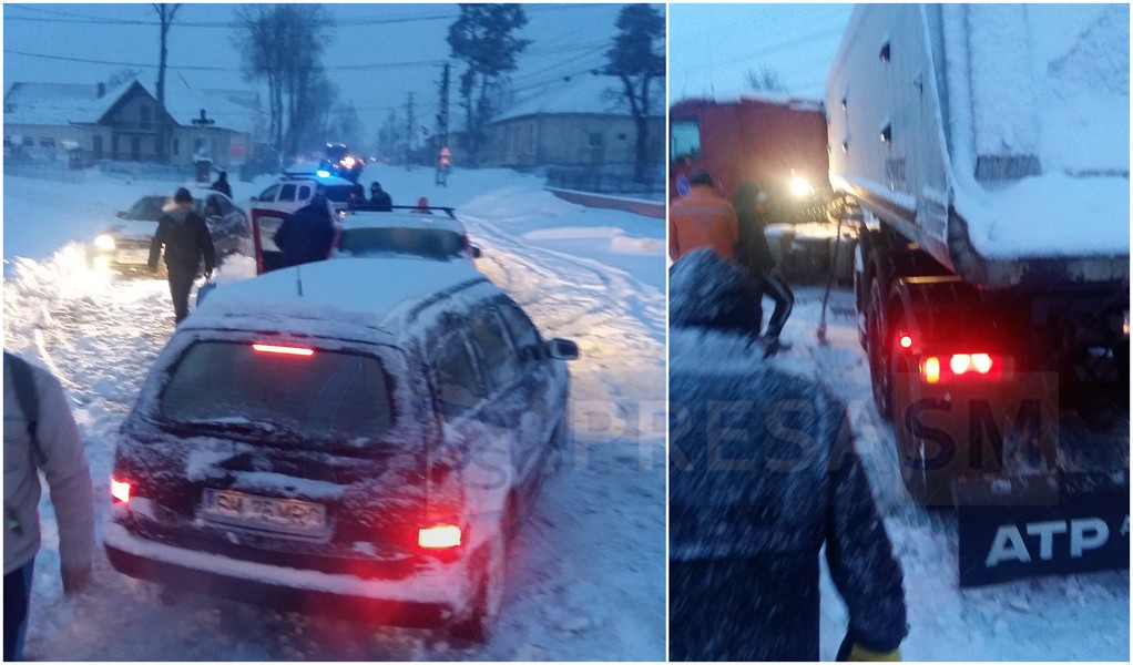 FOTOGALERIE. Dezastru pe DN19F, în județul Satu Mare. Autobuze și TIR-uri blocate în zăpadă