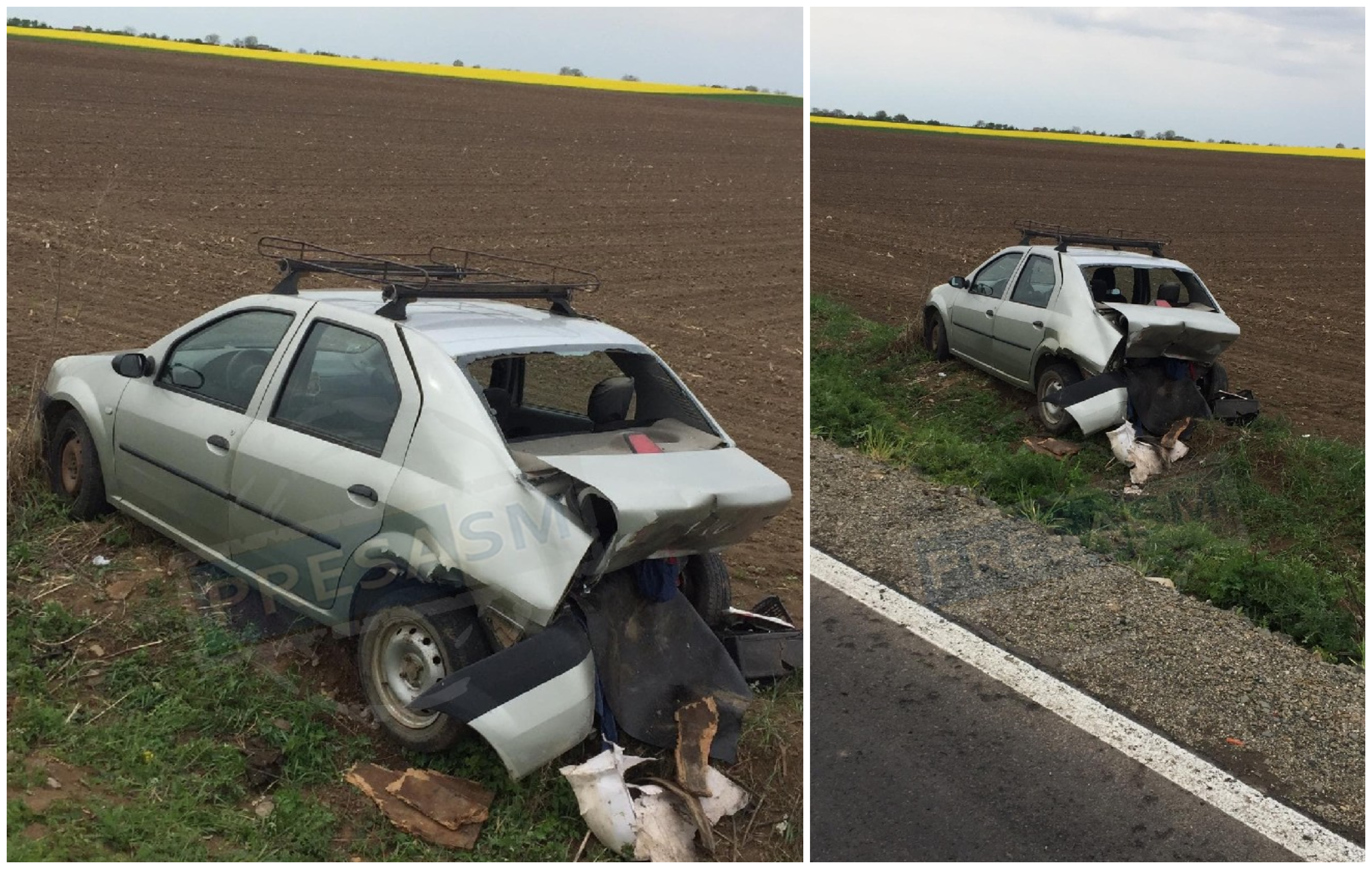 FOTO. Sărbători cu multe grade?! O mașină a ajuns direct pe câmp, după un accident