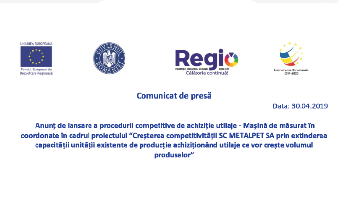Anunț de lansare a procedurii competitive de achiziție utilaje - SC METALPET SA
