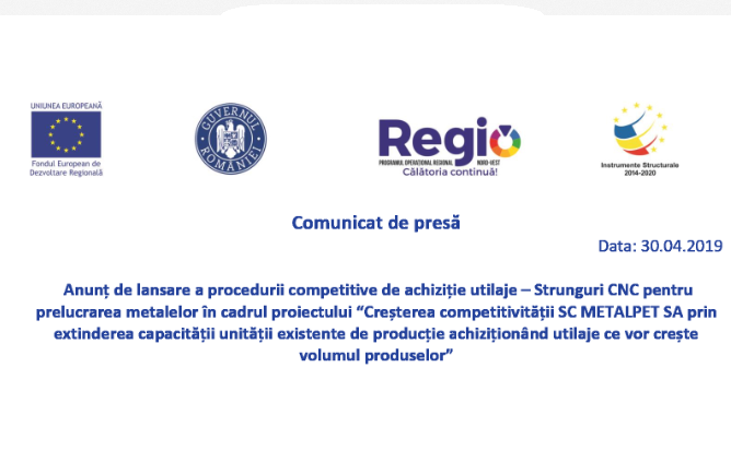 Anunț de lansare a procedurii competitive de achiziție utilaje - SC METALPET