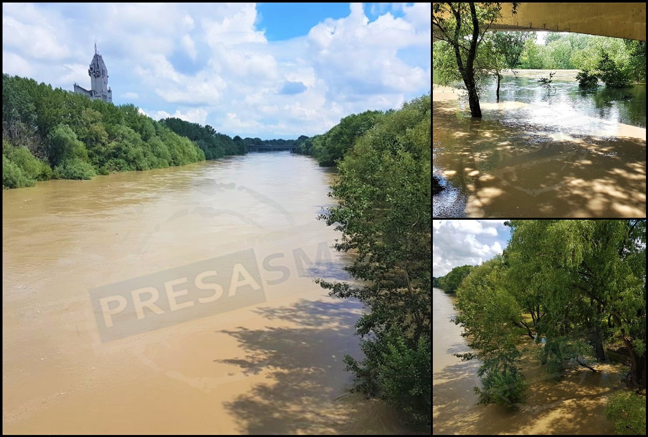 FOTO/VIDEO. Someșul, tot mai aproape de dig, în municipiul Satu Mare