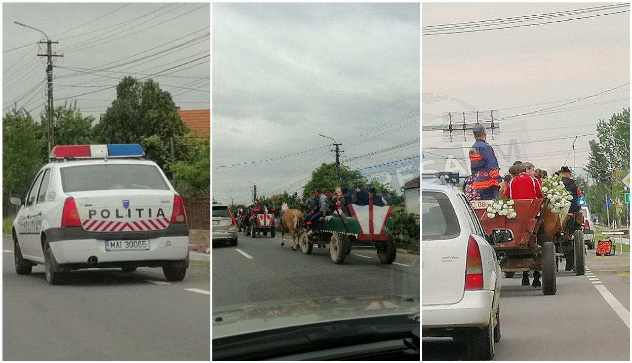 FOTO/VIDEO. Claxoane și nervi pe DN 19. Circulație restricționată de căruțe. Poliția, în zonă