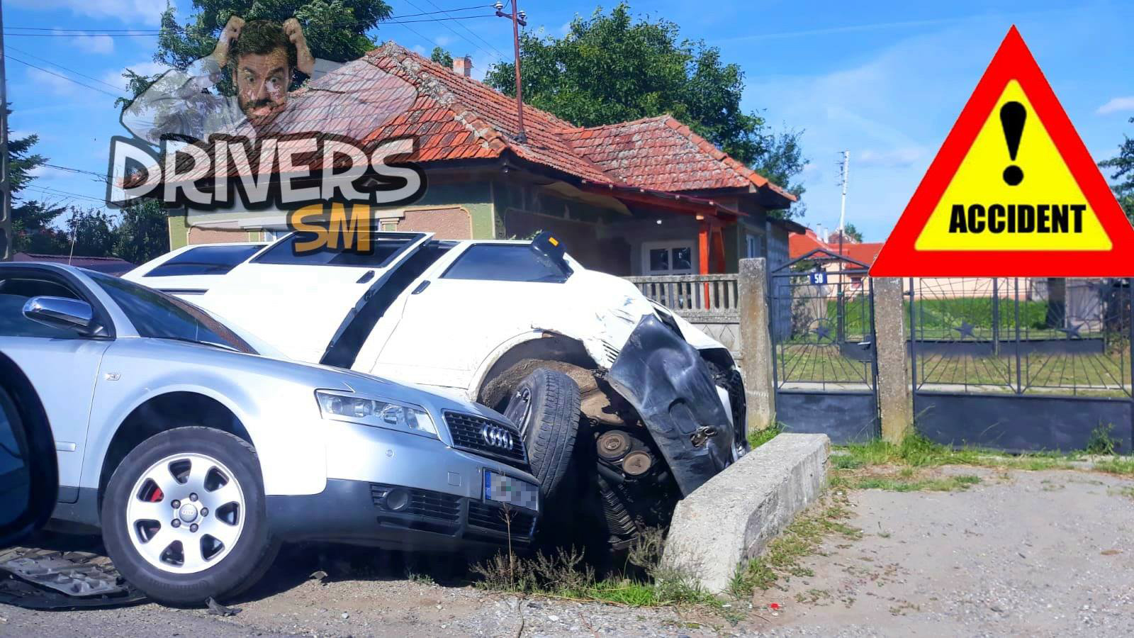 FOTO. Accident pe DN19. Un microbuz s-a izbit de un cap de pod