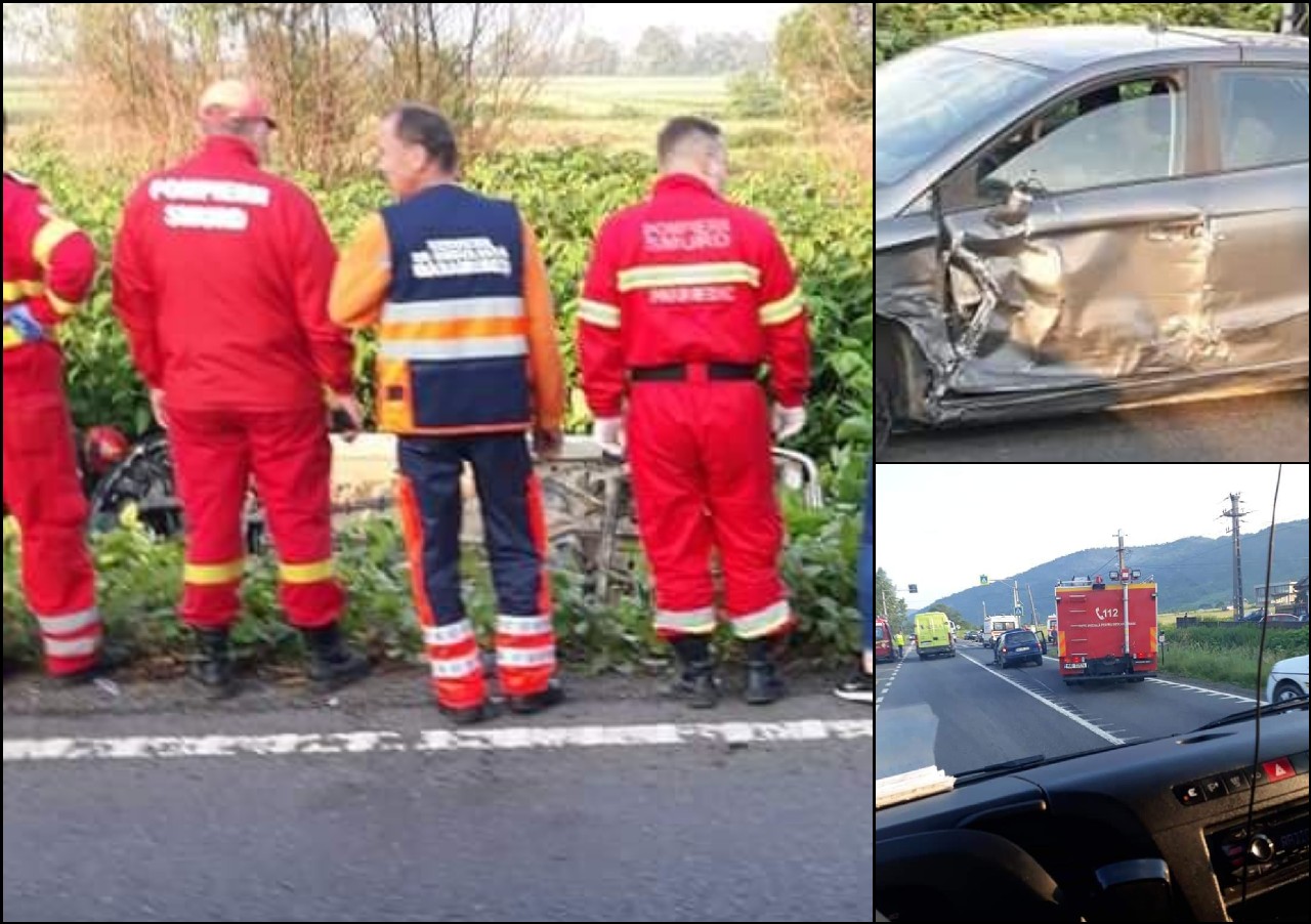 FOTO. Sătmărean, implicat într-un accident în lanț. O mașină a ajuns în șanț