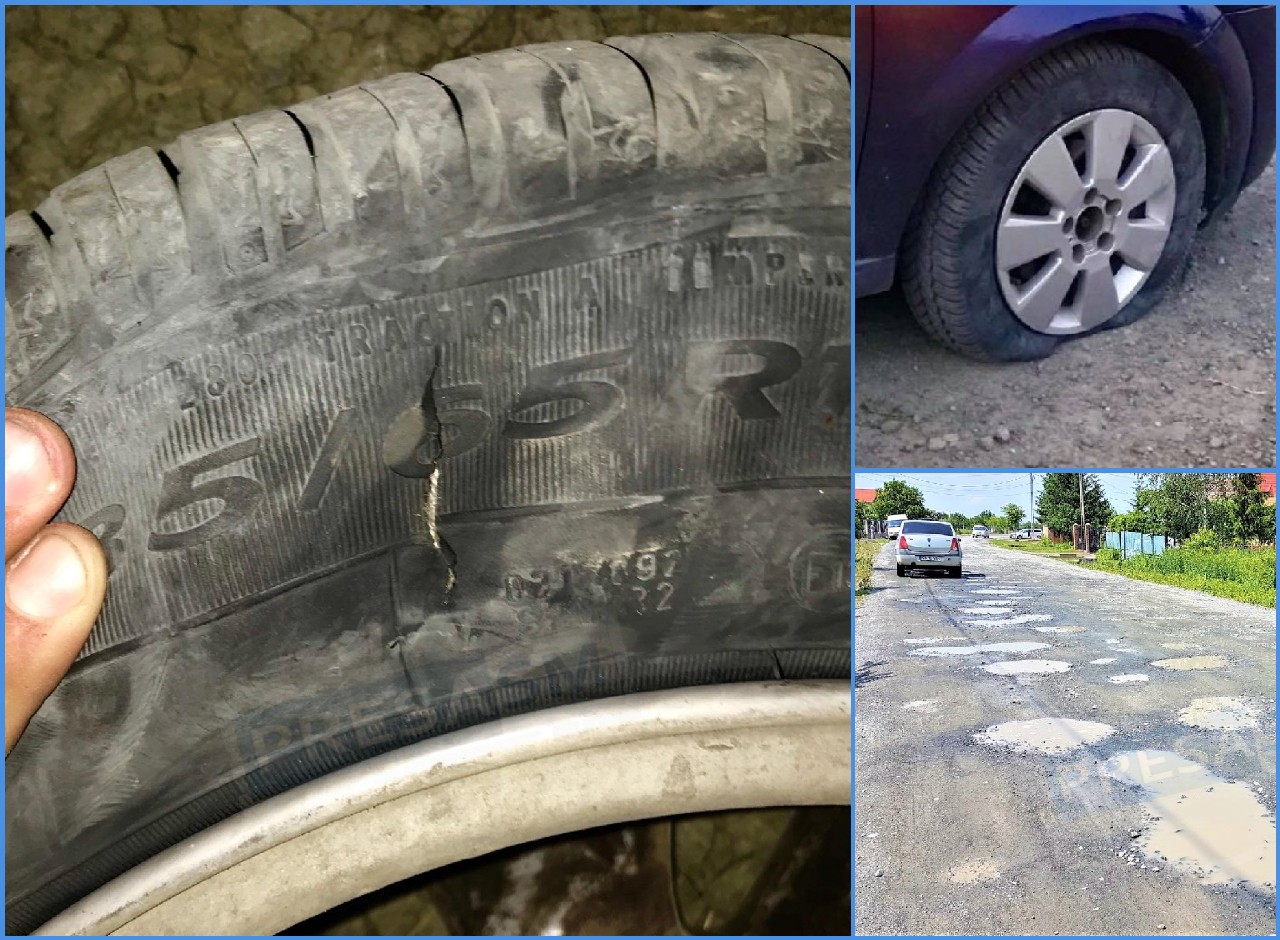 FOTO. Mașină "spartă" pe "drumul groazei" spre Amați, Homorod și Rătești