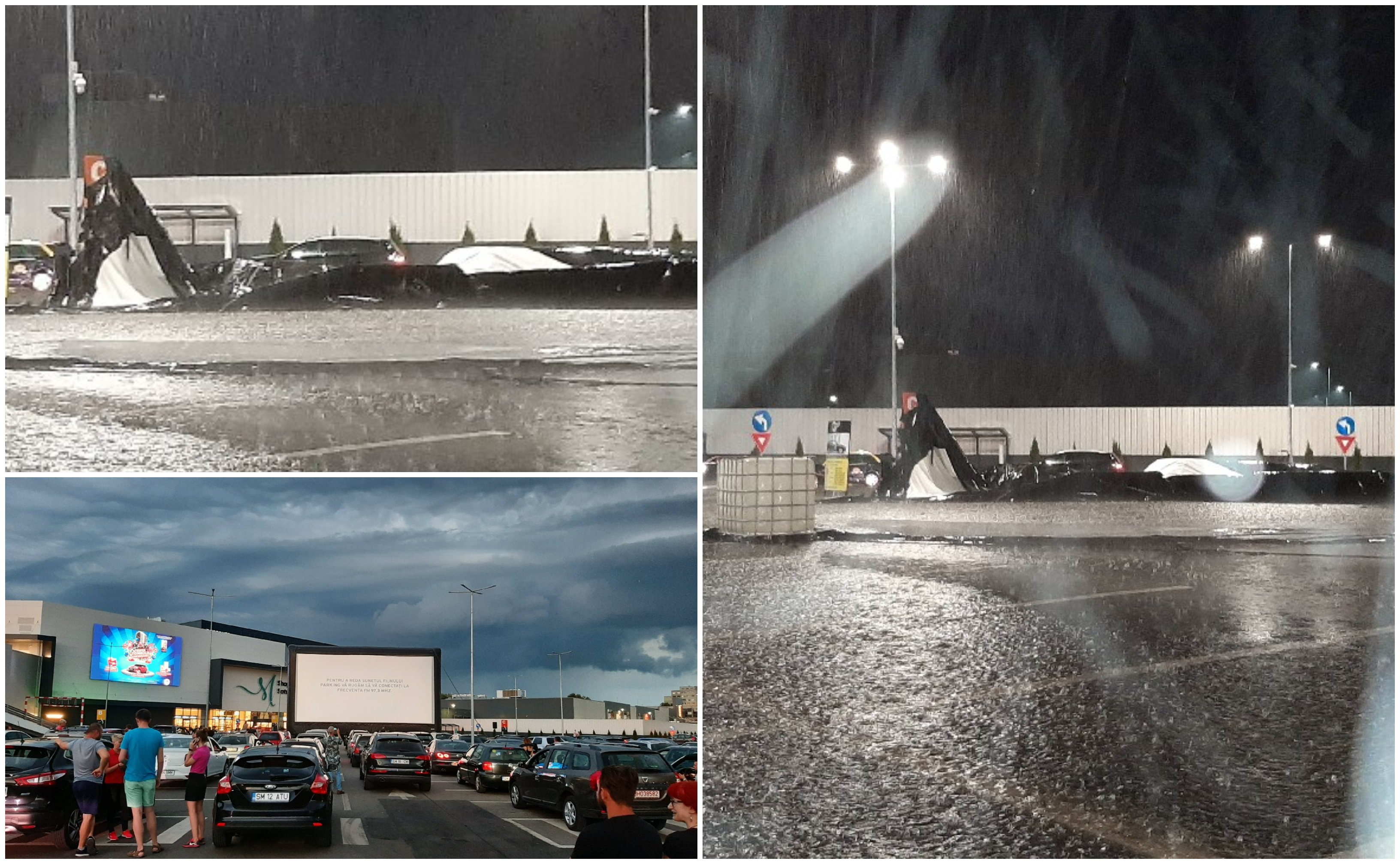FOTO/VIDEO. Ecranul de la mall-ul NEPI, dărâmat de vânt. Proiecția drive-in, anulată