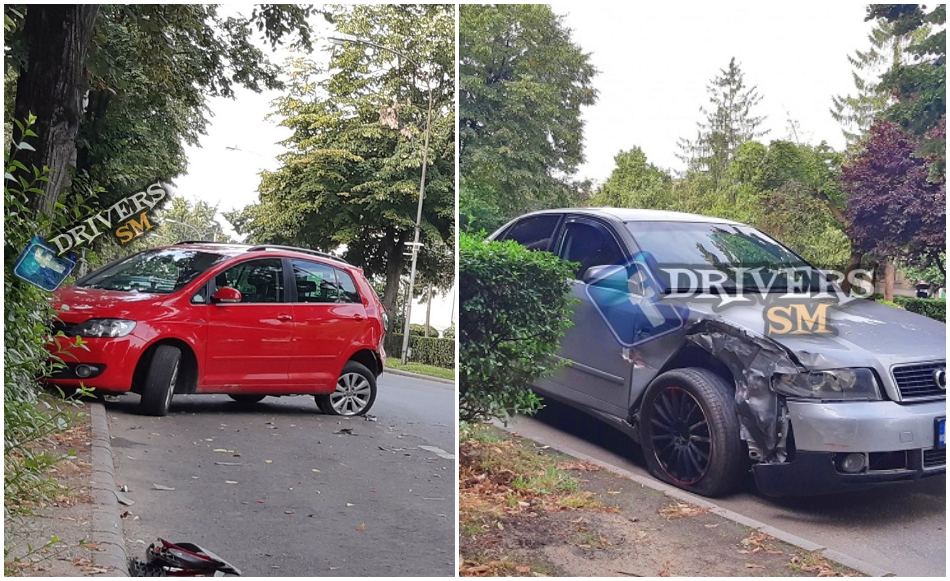 FOTOGALERIE. Mașină proiectată în copac. Accident în centrul municipiului Satu Mare