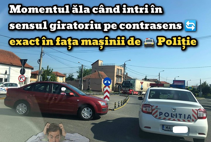 FOTO. Pe contrasens, în sensul giratoriu! Era să lovească mașina Poliției Satu Mare
