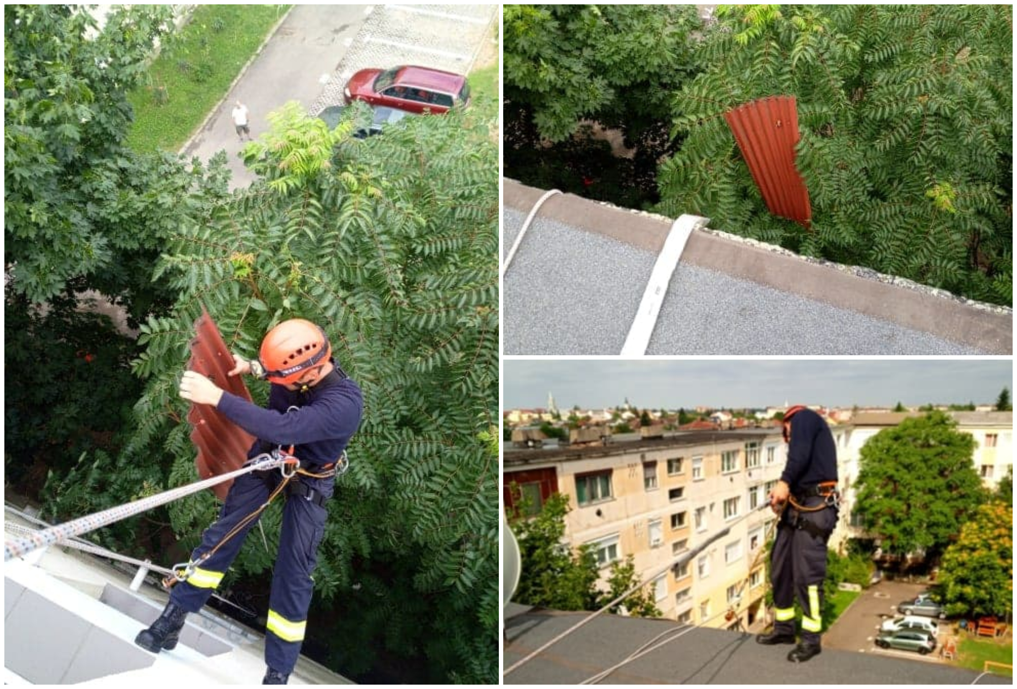 FOTO. Bucată de acoperiș de pe un bloc, smulsă de vânt în municipiul Satu Mare
