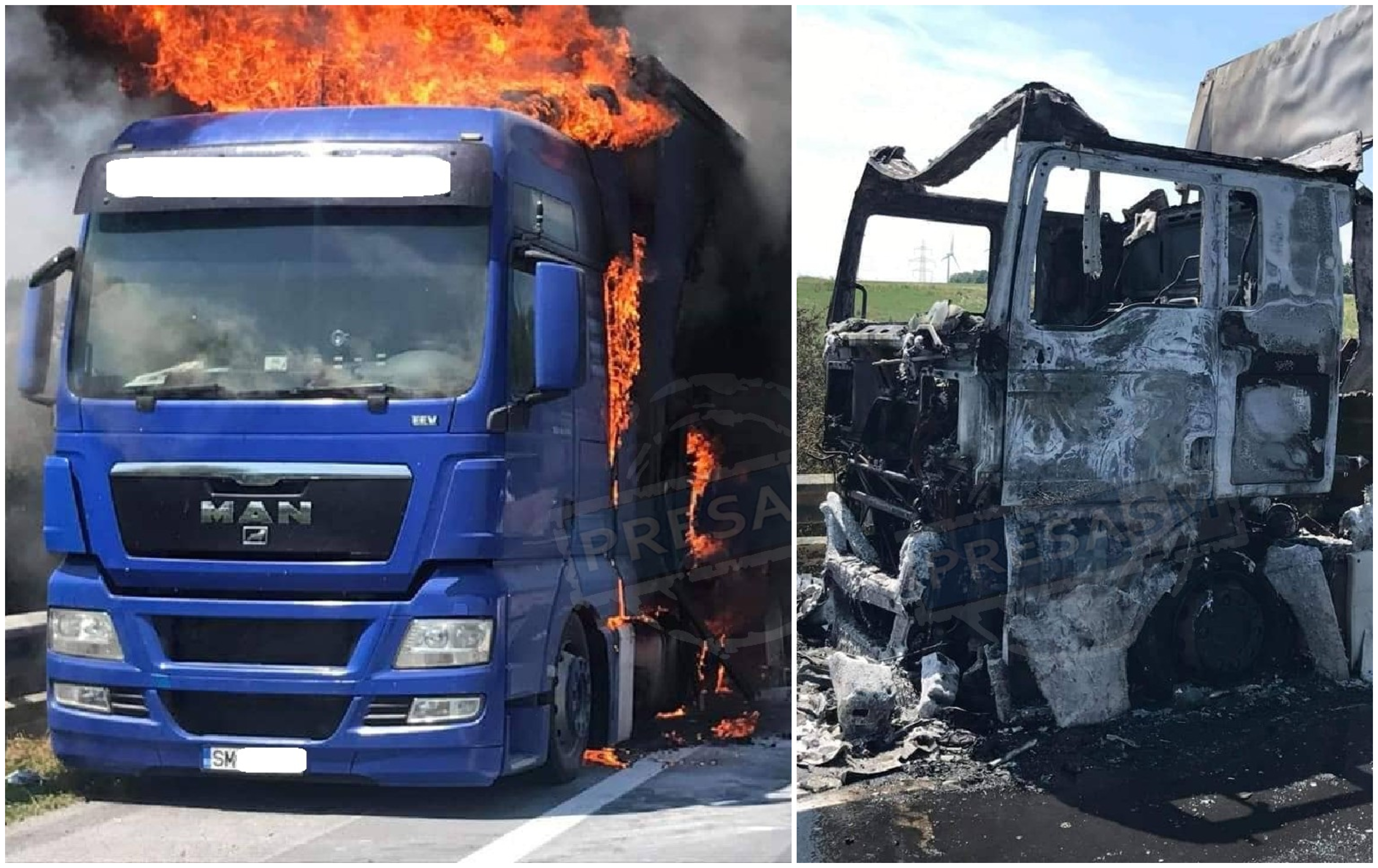 FOTO. TIR din Satu Mare, făcut scrum pe autostradă! Șoferul, la un pas de moarte