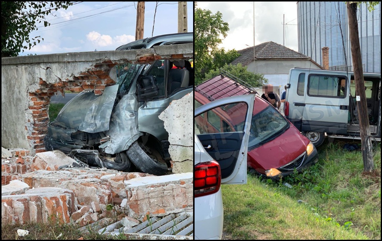 FOTO. Accident violent! Un microbuz de transport persoane a spulberat un gard