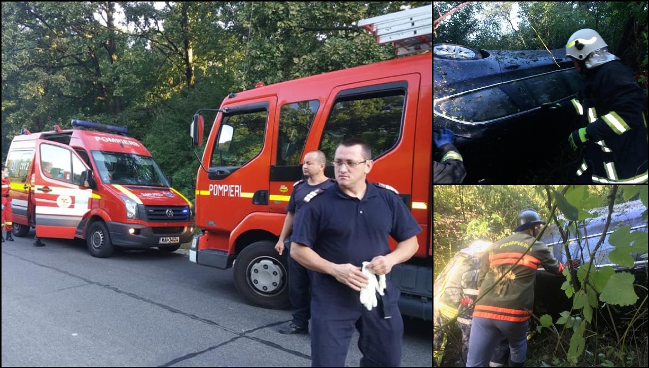 FOTOGALERIE. Accident în județ. O mașină de teren, cu doi pasageri, s-a răsturnat într-un șanț