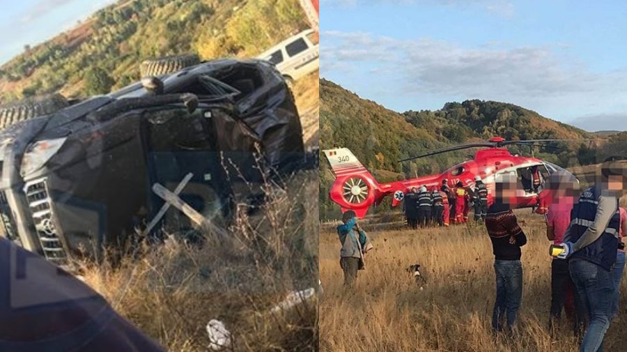 FOTO. Accident grav, cu victime, în județ. Elicopterul SMURD a intervenit. O mașină s-a răsturnat