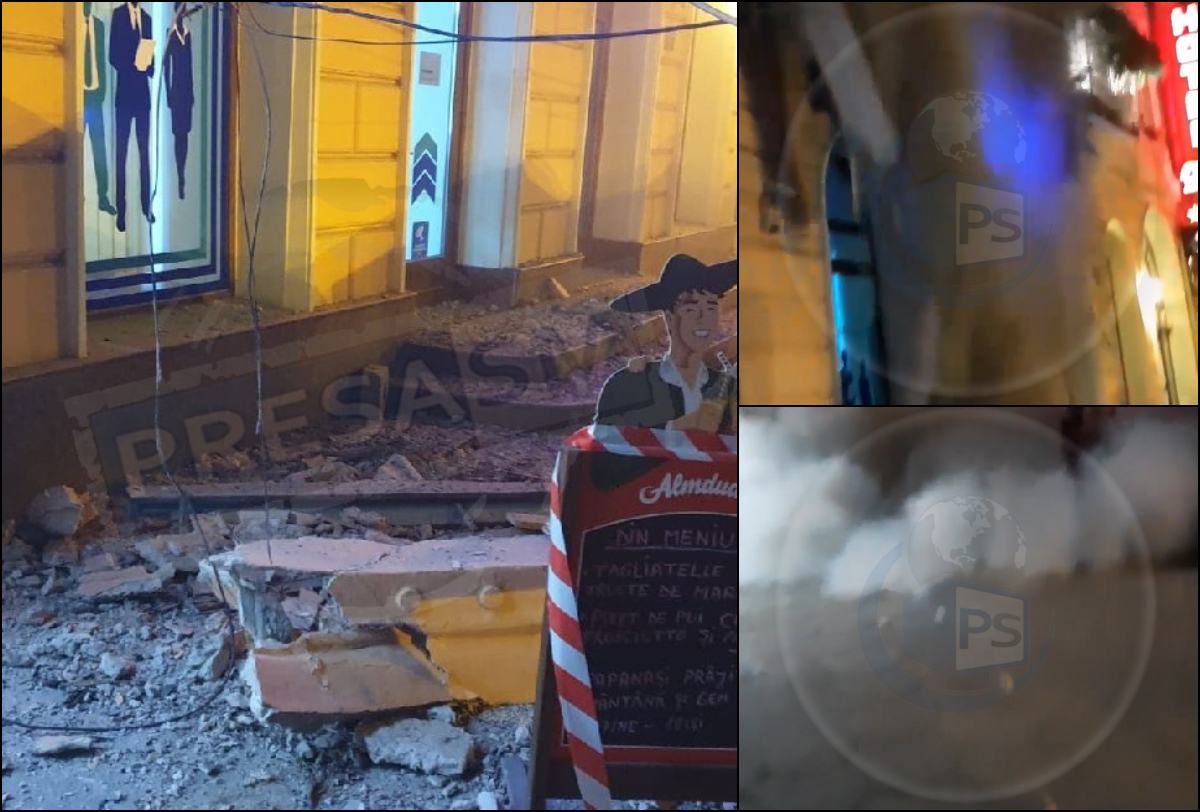 VIDEO LIVE. Pericol în centrul Sătmarului. Acoperișul unui hotel a cedat parțial
