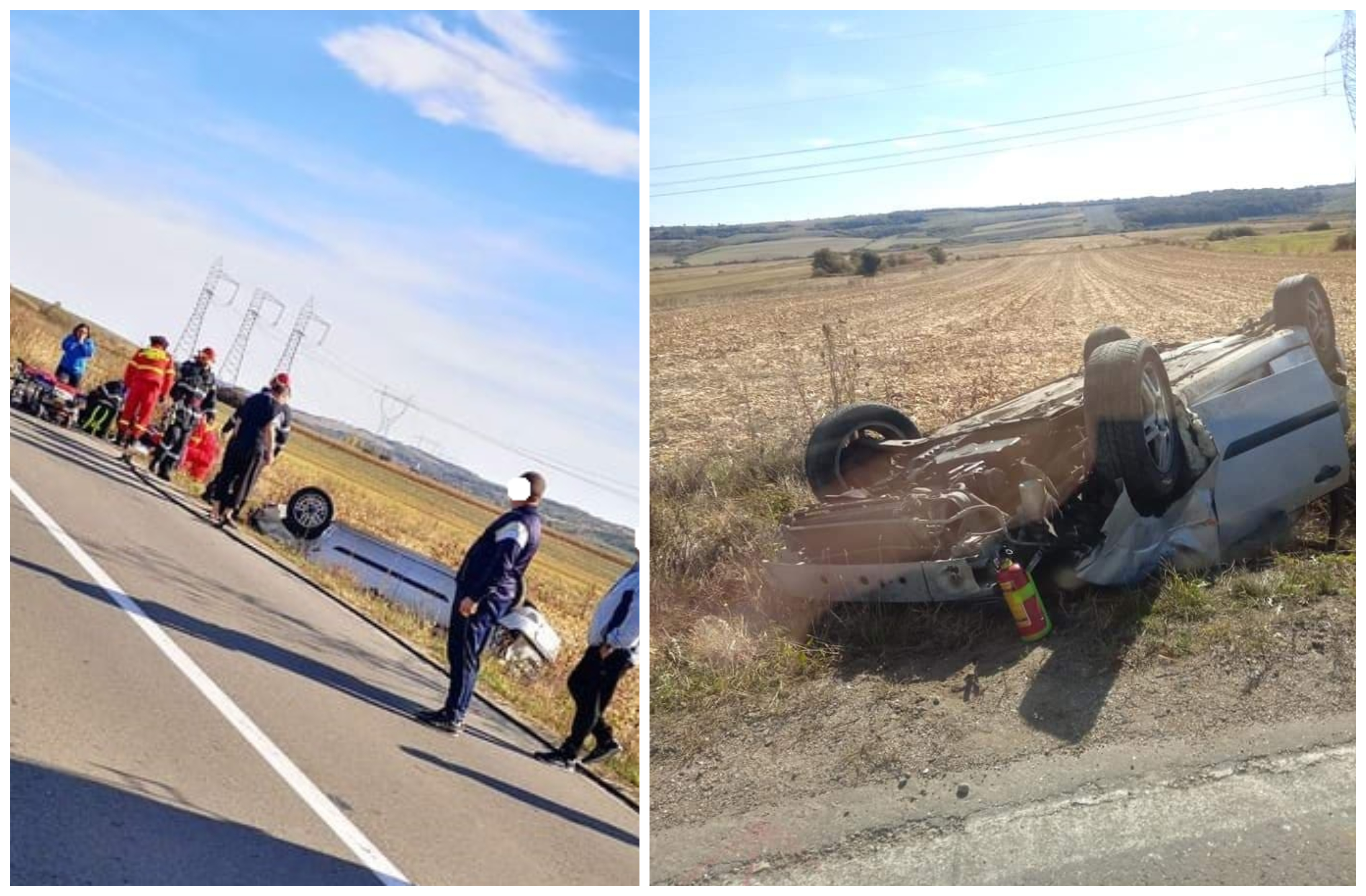 FOTO. Accident în lanț între Tășnad și Marghita. Mașină răsturnată în șanț