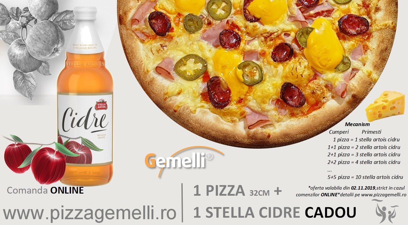 OFERTĂ. Știți ce merge cu o pizza bună de la Gemelli?! Un cidru gratis