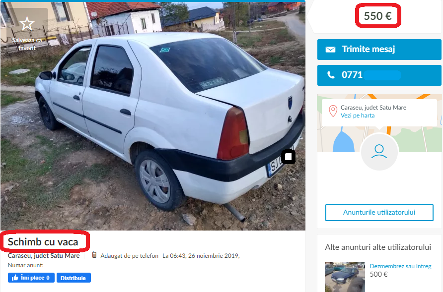 FOTO. Ofertă inedită în Satu Mare: Dacia Logan, la schimb cu o vacă