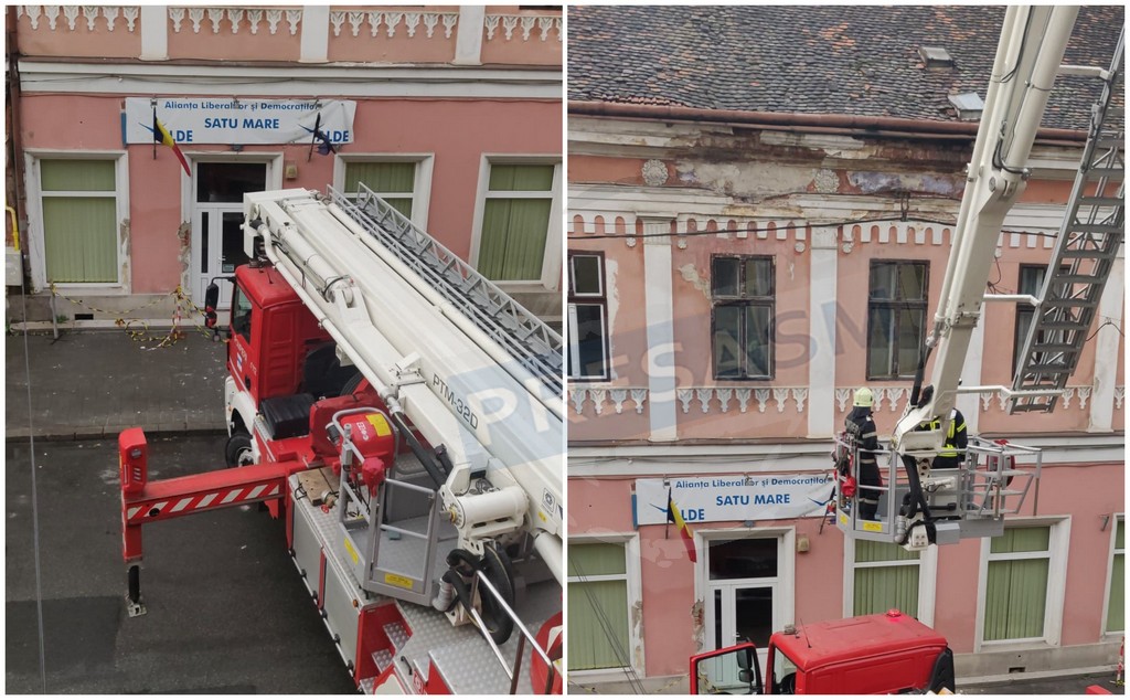 FOTO. Acoperișul sediului ALDE/Primărie a cedat. La un pas să rănească grav doi trecători