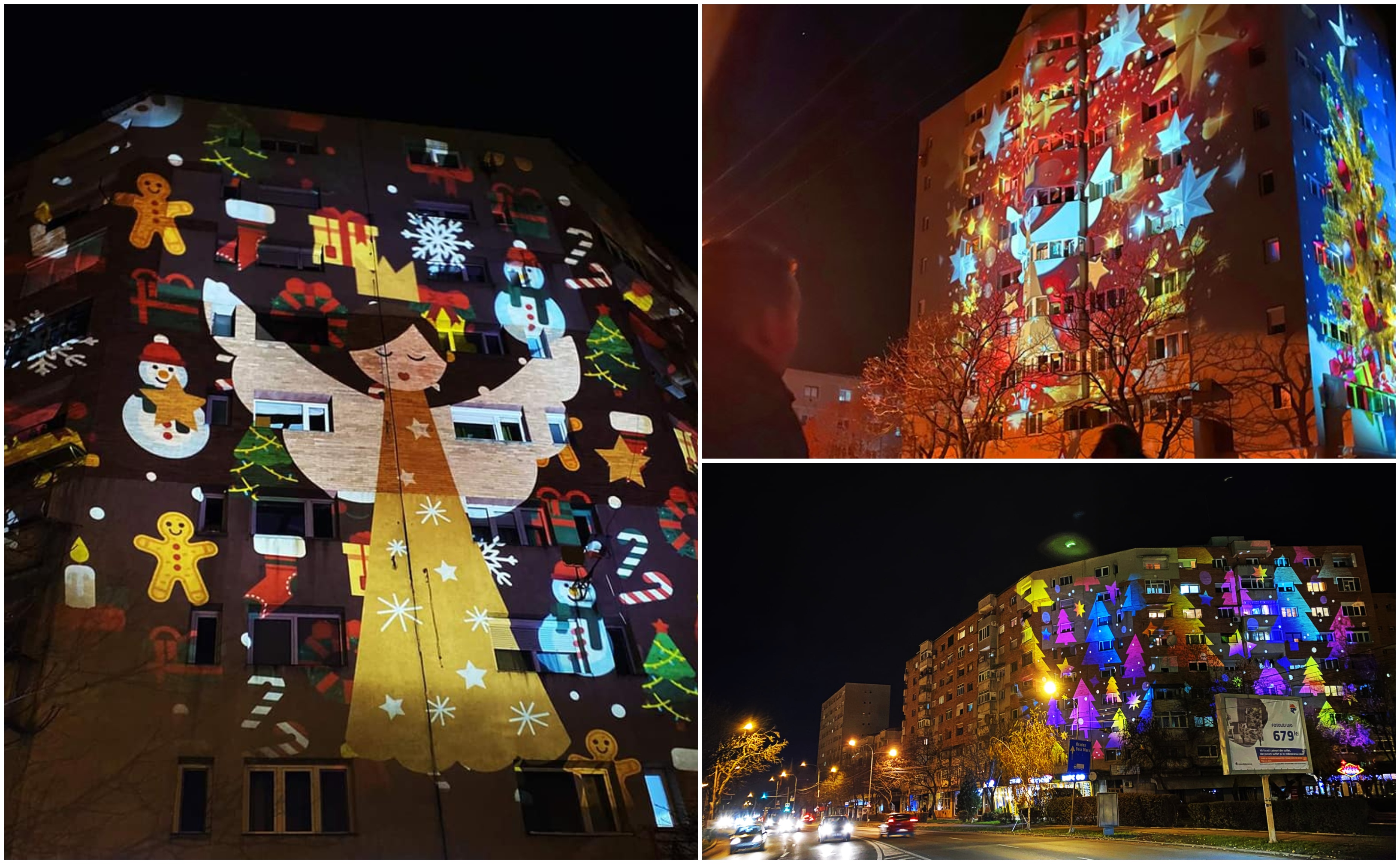 FOTOGALERIE. Moș Crăciun, ”proiectat” pe blocurile din cartiere! Imagine de basm