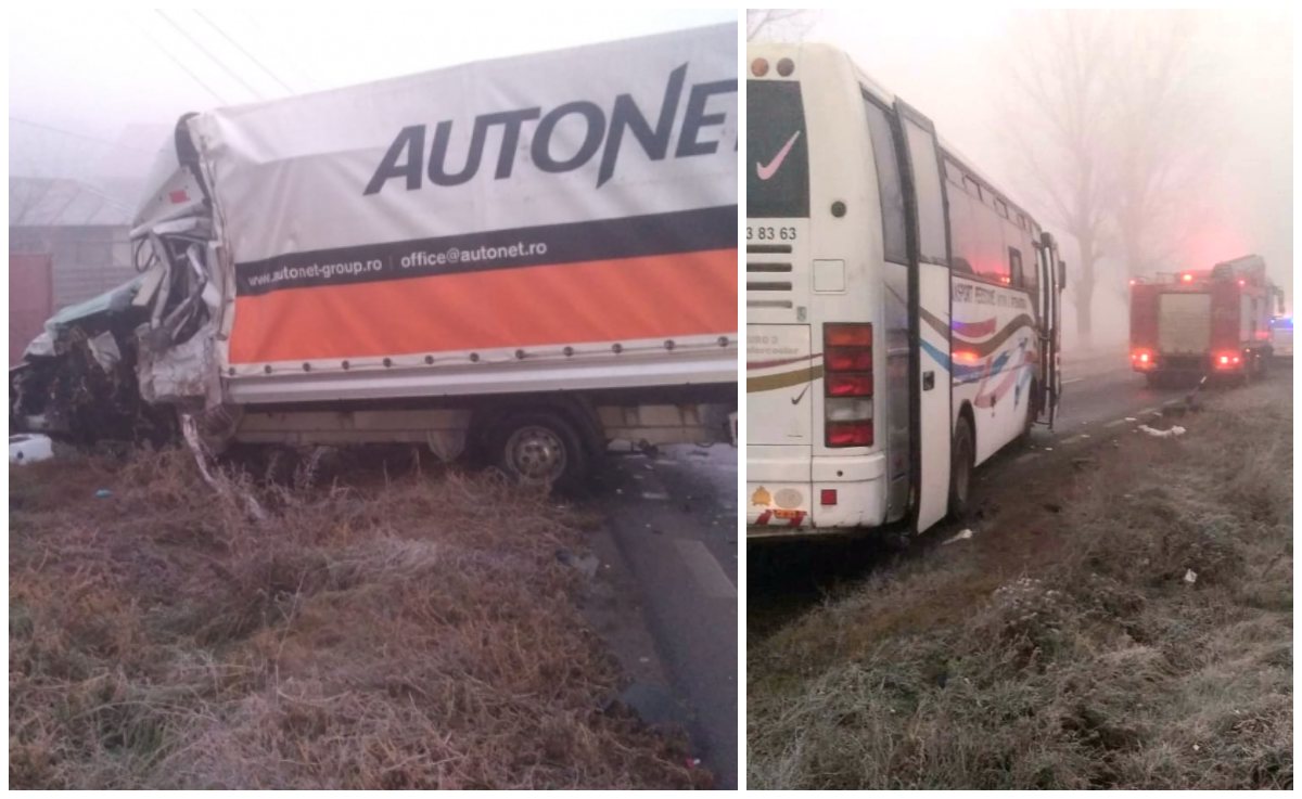 FOTO/VIDEO. Sătmărean încarcerat! Impact între un autobuz și o camionetă