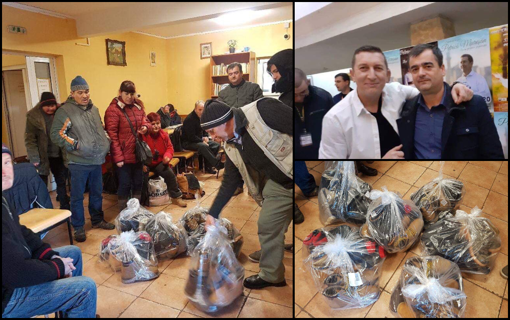 FOTO. Inimosul Petrică Mureșan a donat încălțăminte pentru zeci de oameni ai străzii