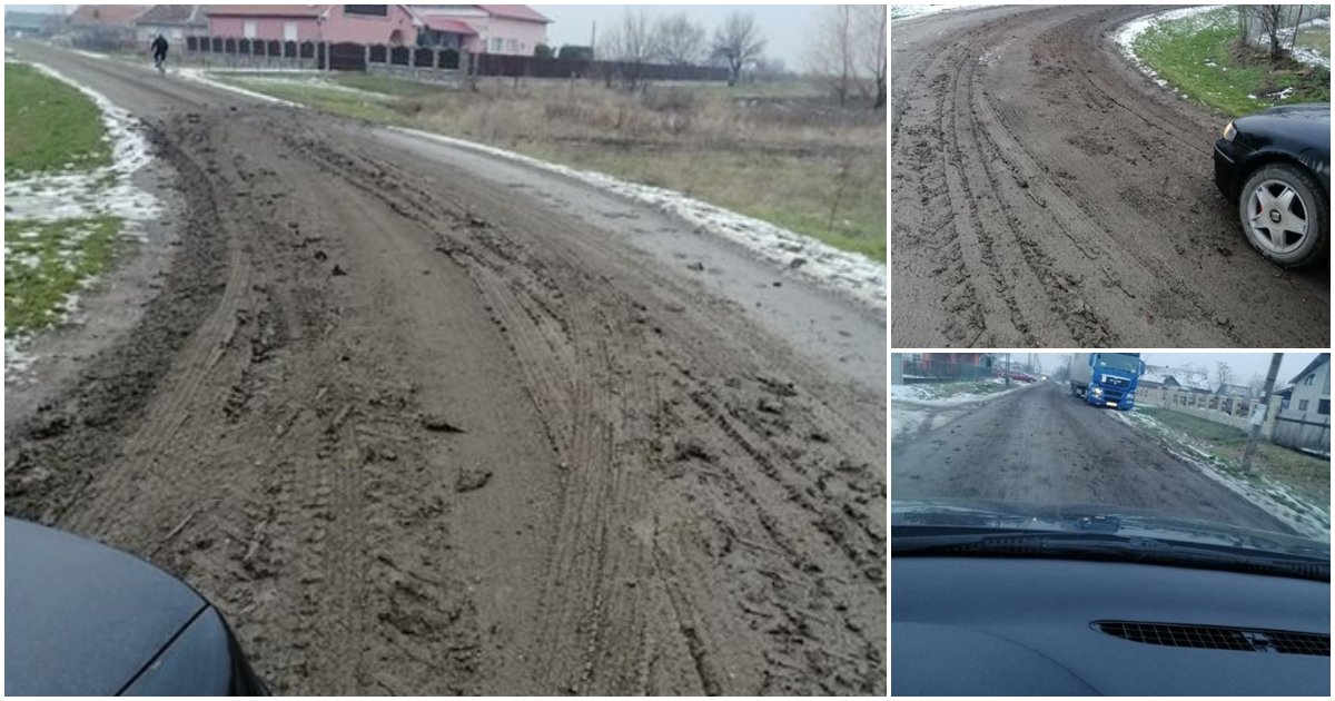 FOTO. Drumul unde asfaltatul s-a transformat în noroi! Șoferii riscă să rămână împotmoliți