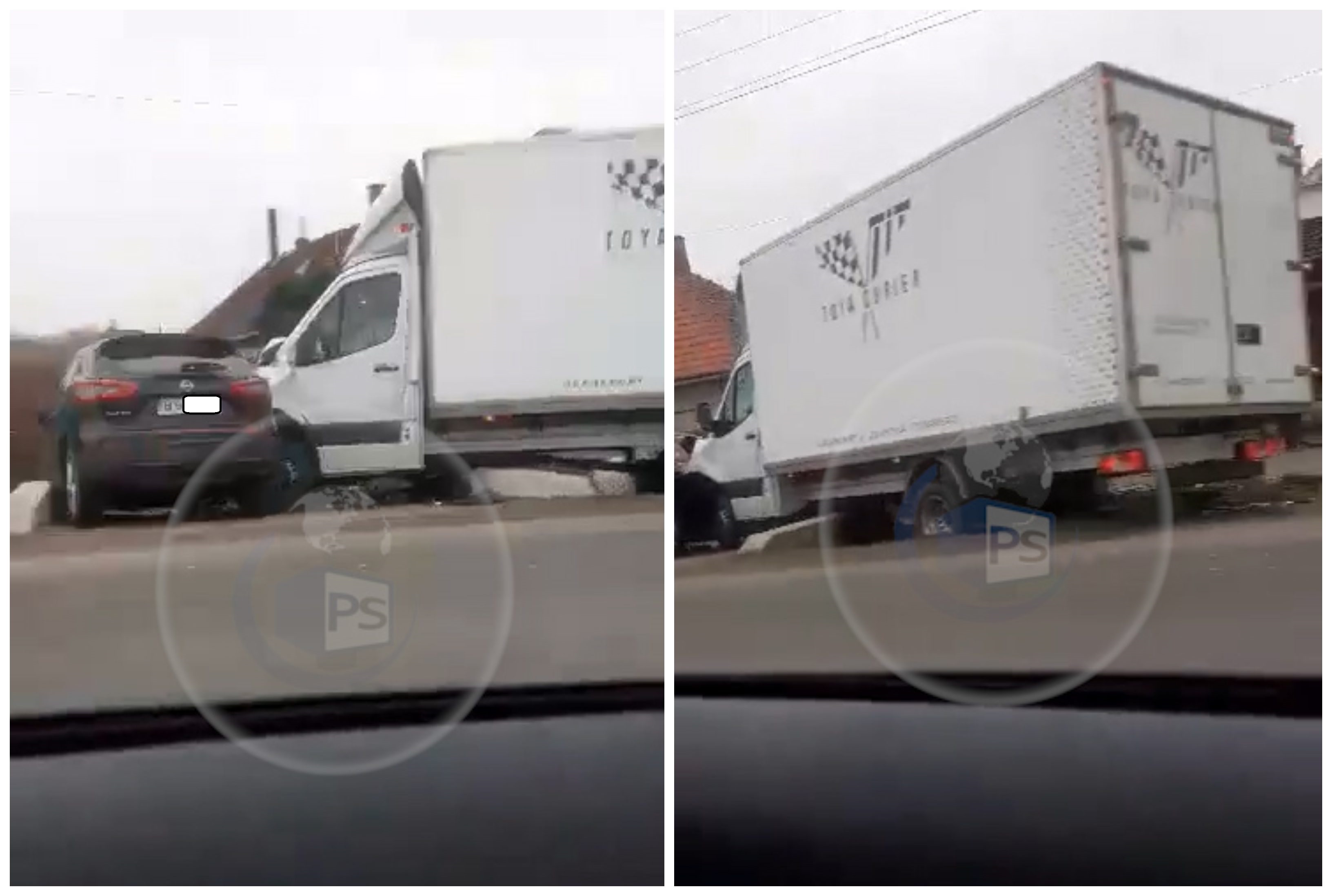 VIDEO. Accident în județ! Autoutilitară de curierat rapid, ”parcată” într-un SUV
