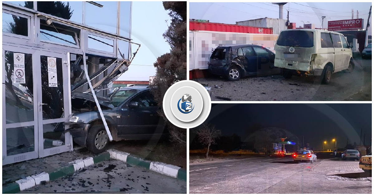 FOTO/VIDEO. A distrus două mașini, a înfipt autoturismul în benzinărie, și a fugit, la Carei!
