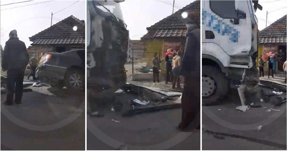 FOTO/VIDEO. Un TIR a lovit o mașină. La un pas să o proiecteze într-un magazin