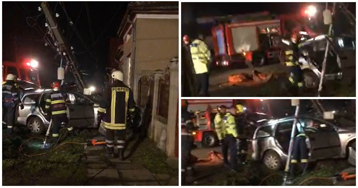 VIDEO. S-a oprit cu mașina în gardul unei case. Stâlpul de electricitate, căzut peste mașină