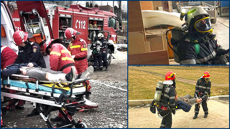 FOTOGALERIE. Incendiu la o fabrică de mobilă din județul Satu Mare. Scenariu cu trei răniți