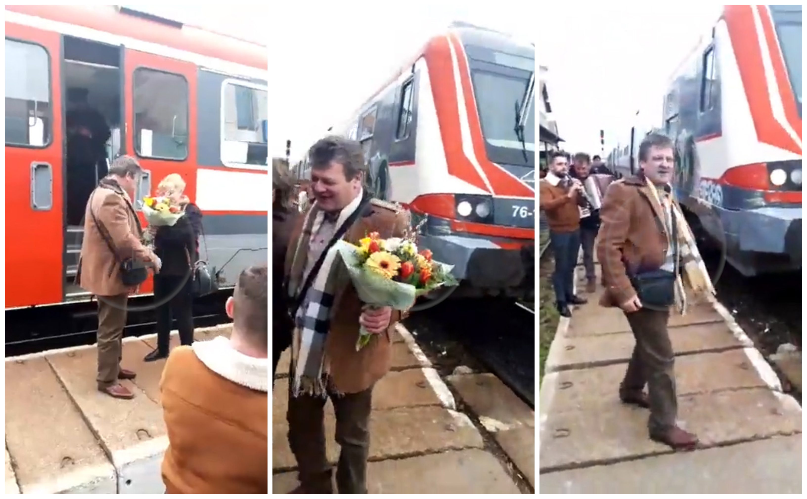 VIDEO. Taraf, șampanie și flori în Gara CFR Satu Mare. Tradiție de pensionare a unui mecanic