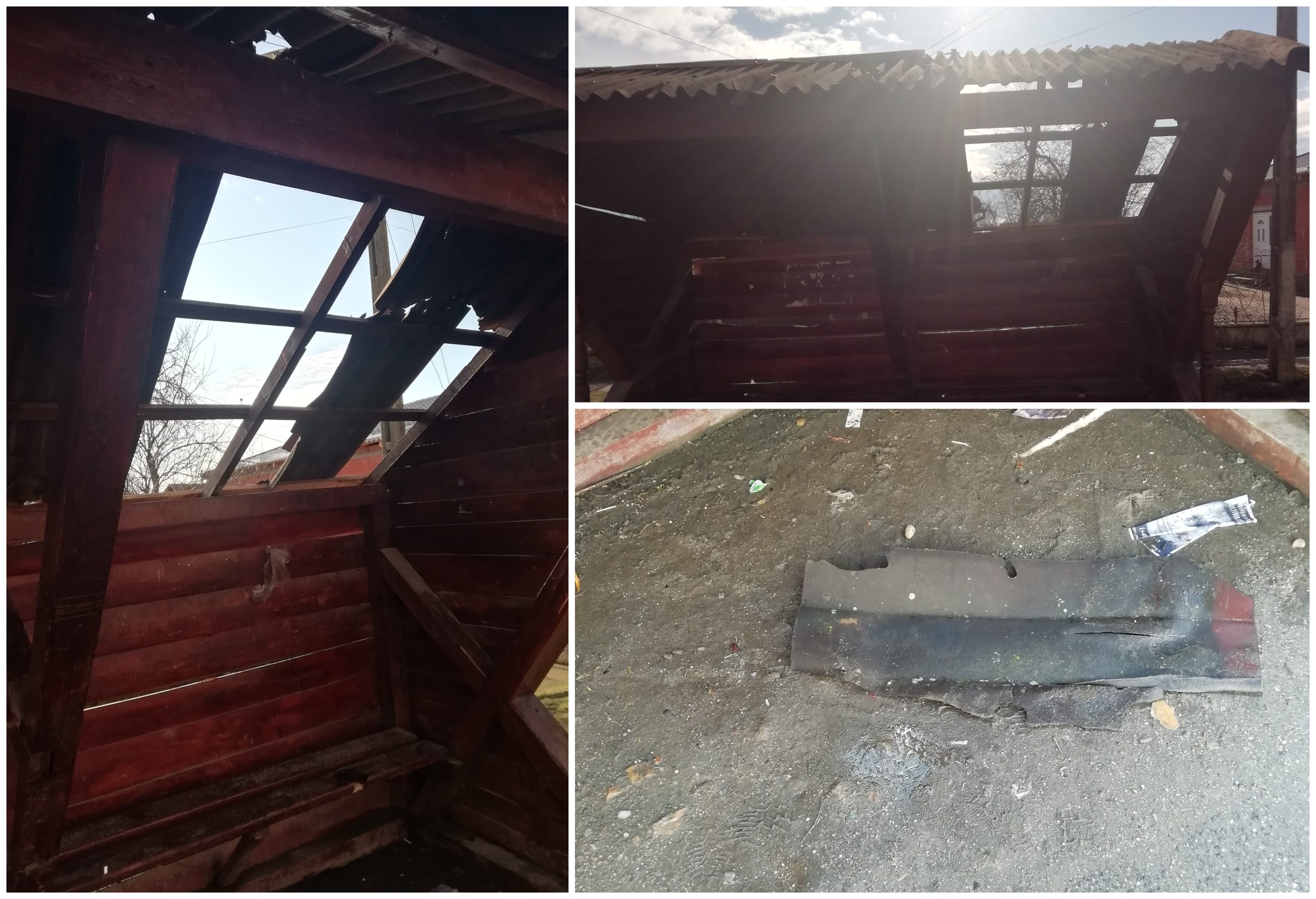 FOTO. Panică între navetiști. Stație de autobuz distrusă de vânt în județul Satu Mare